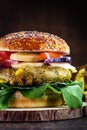 Close-up of tasty, home-made vegan hamburger on wooden table with fresh vegetables around Royalty Free Stock Photo