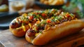 Close-up of tasty hot dog with grilled sausage, mustard and ketchup on wooden picnic table. Most popular street food. Royalty Free Stock Photo