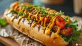 Close-up of tasty hot dog with grilled sausage, mustard and ketchup on wooden picnic table. Most popular street food. Royalty Free Stock Photo