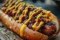 Close-up of tasty hot dog with grilled sausage, mustard and ketchup on wooden picnic table. Most popular street food. Royalty Free Stock Photo