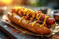 Close-up of tasty hot dog with grilled sausage, mustard and ketchup on wooden serving tray. Most popular street food Royalty Free Stock Photo