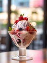 Tasty ice cream in a bowl with fruits