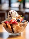 Tasty ice cream in a bowl with fruits