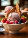 Tasty ice cream with fruits in a bowl at restaurant