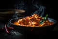 Indian steaming bowl of chicken tikka masala. AI generated