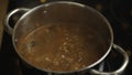 Close-up of tasty Russian traditional soup solyanka boiling in a pot on the stove. Stock footage. Russian solyanka soup Royalty Free Stock Photo