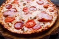 Close up of tasty sicilian pizza with ham, salami and tomatoes s