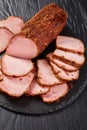 Close-up of tasty spiced sliced smoked ham Royalty Free Stock Photo