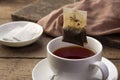 Close up Tea bag,Black tea in white cup Royalty Free Stock Photo