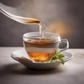 A close-up of a tea bag steeping in a cup, releasing a burst of flavor and color2