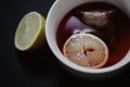 Close up of a tea cup with lemons