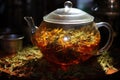 close-up of tea leaves steeping in a glass teapot