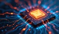 Close-up tech image of computer microchip, central processor unit, with illuminated circuits. Visual of data transfer, digital Royalty Free Stock Photo