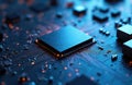 Close-up tech image shows electronic circuit board. Dark blue background shows complex circuit patterns. Square processor chip
