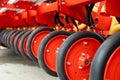 Close-up of technical units and mechanisms of agricultural machinery. Structural elements for tillage and harvesting Royalty Free Stock Photo