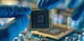Close-up of a technician holding a microchip over a circuit board in a lab setting Royalty Free Stock Photo