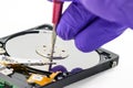 Close up of technician repairing hard disk drive by screwdriver in the lab. the concept of data, hardware, technician Royalty Free Stock Photo