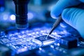 Close-up of a technician testing a microchip on a circuit board with precision tools, in a high-tech laboratory setting Royalty Free Stock Photo