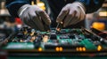 A close-up of a technician wearing protective gloves while installing microchips onto a circuit board. Generative AI