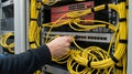 Technicians hand connecting yellow network cable to server rack Royalty Free Stock Photo