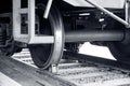 Close up technology industrial rail train wheels monochrome color