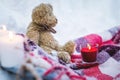 A close-up of a teddy bear with Christmas candles on a cozy checkered rug in the outdoors next to a snowdrift sprinkled