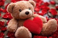 close-up of a teddy bear with stitched heart detailing