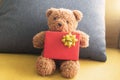 Close Ã¢â¬â up teddy bear. Teddy bear and yellow gift box with Pillow. Royalty Free Stock Photo