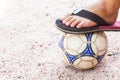 Close up of foot on top of soccer ball Royalty Free Stock Photo