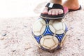 Close up of foot on top of soccer ball Royalty Free Stock Photo