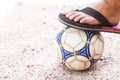 Close up of foot on top of soccer ball Royalty Free Stock Photo