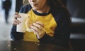 Close up of teenage girl eating hamburger obesity concept Royalty Free Stock Photo