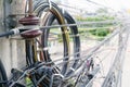 Close up of telecommunication wires attached to the electric po