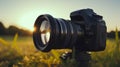 Close-up of a telephoto lens and camera body for nature photography on a tripod. DSLR in the sunshine in outdoor Royalty Free Stock Photo