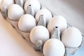 Close-up of ten white eggs in a paper tray. Eggs contain vitamins, phosphorus, zinc and a lot of choline. Egg container Royalty Free Stock Photo