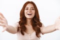 Close-up tender cute redhead girl in blouse, hold camera with both hands as taking selfie on digital tabler, video Royalty Free Stock Photo