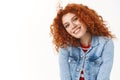 Close-up tender feminine young modern redhead girl curly hair tilt head silly amused smiling broadly white teeth perfect Royalty Free Stock Photo