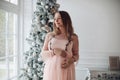 Close-up tenderness female hand hugging pregnant tummy feeling fondness at Christmas tree