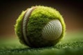 Close-Up of a Tennis Ball on the Grass Court Line. Generative AI