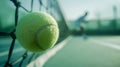 Close-up of a tennis ball on the net with a blurred player in the background, capturing the dynamic essence of a tennis match