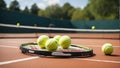 Tennis rackets and tennis balls lying on tennis court. sport, tennis and activity. Generated with AI Royalty Free Stock Photo