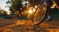 close up of tennis raquet in hand and ball on a green grass summer field Royalty Free Stock Photo