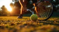 close up of tennis raquet in hand and ball on a green grass summer field Royalty Free Stock Photo