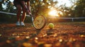 close up of tennis raquet in hand and ball on a green grass summer field Royalty Free Stock Photo