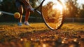 close up of tennis raquet in hand and ball on a green grass summer field Royalty Free Stock Photo