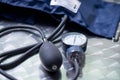 Close up of tensiometer over a metallic table, medical concept