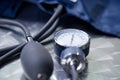 Close up of tensiometer over a metallic table, medical concept