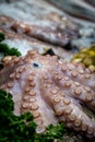 A close up of the tentacles and eye of an octopus, at a fishmongers Royalty Free Stock Photo