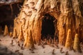 close-up of termites constructing mound entrance