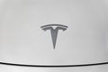 Close up of Tesla logo on Model 3 performance AWD electric car in pearl white Royalty Free Stock Photo